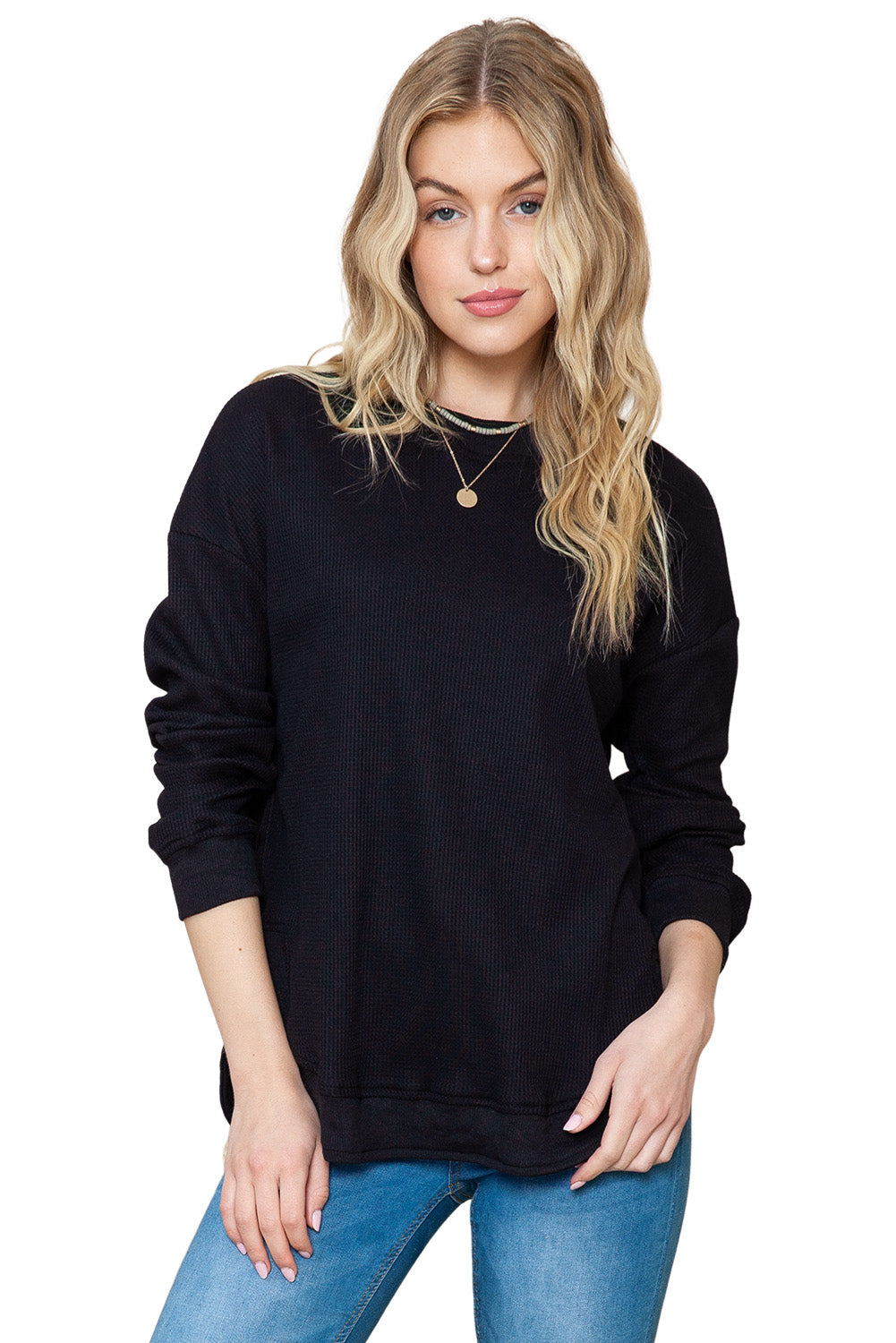 Waffle Knit Crew Neck Casual Long Sleeve Top