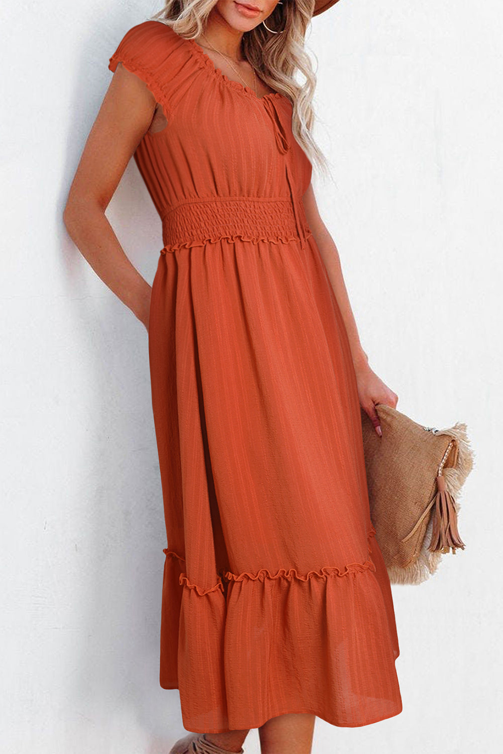 Puff Sleeve Tied V-Neck Smock Waist Frill Midi Dress