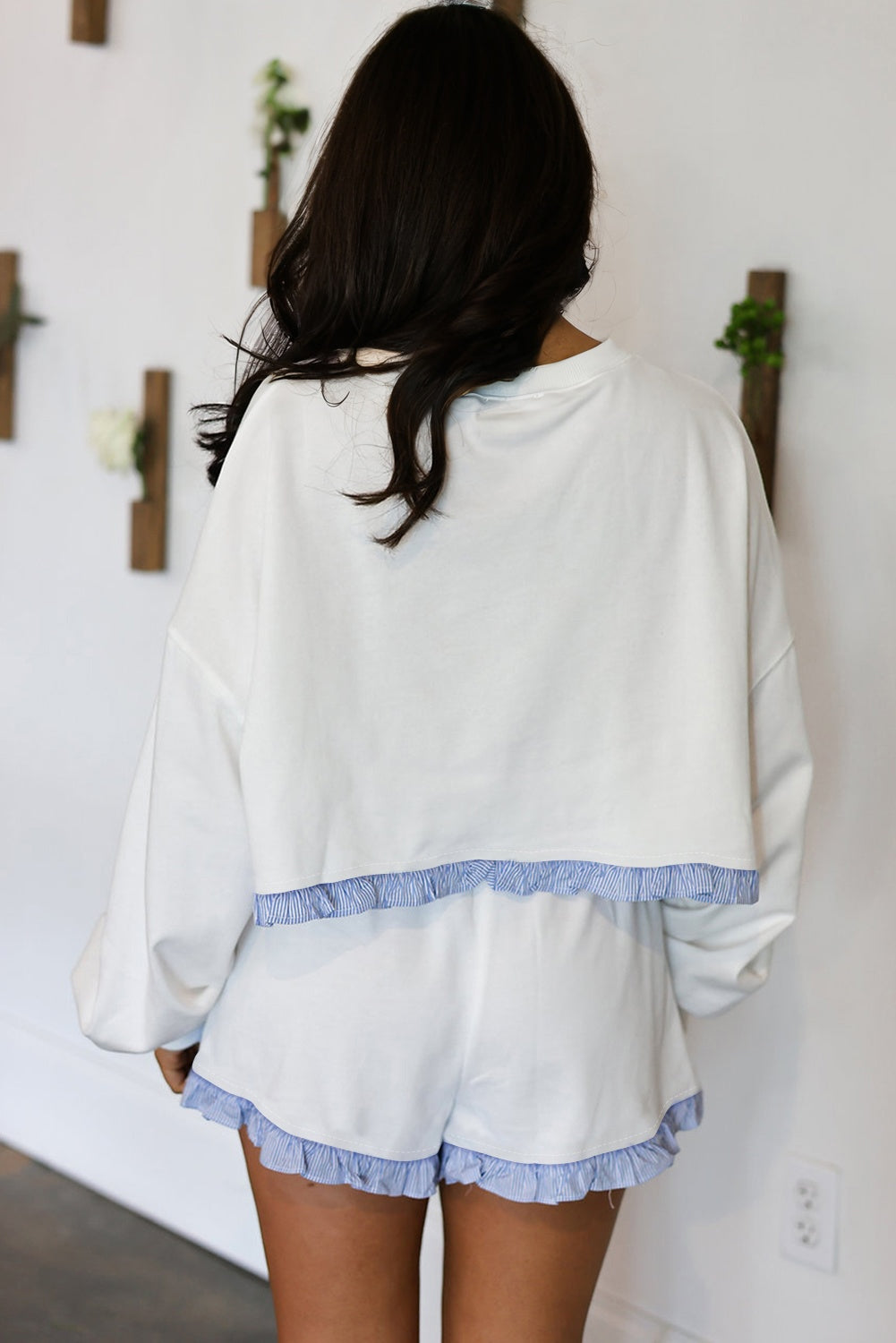 Yellow Cream Plaid Ruffled Patchwork Drop Shoulder Pullover and Drawstring Elastic Waist Shorts Matching Set