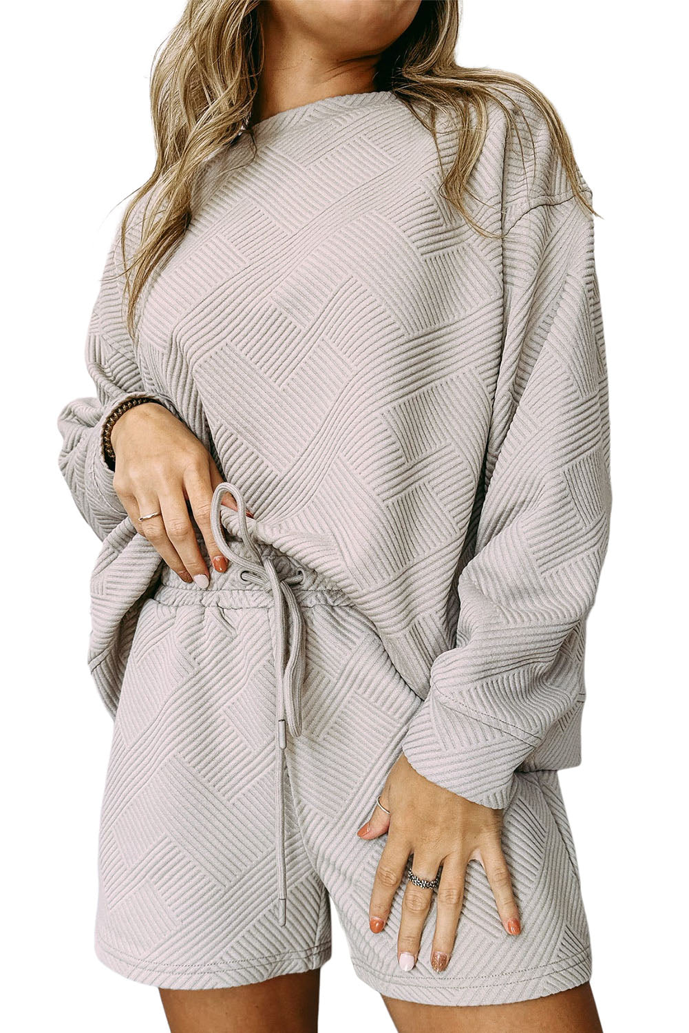 White Textured Long Sleeve Top and Drawstring Shorts Set