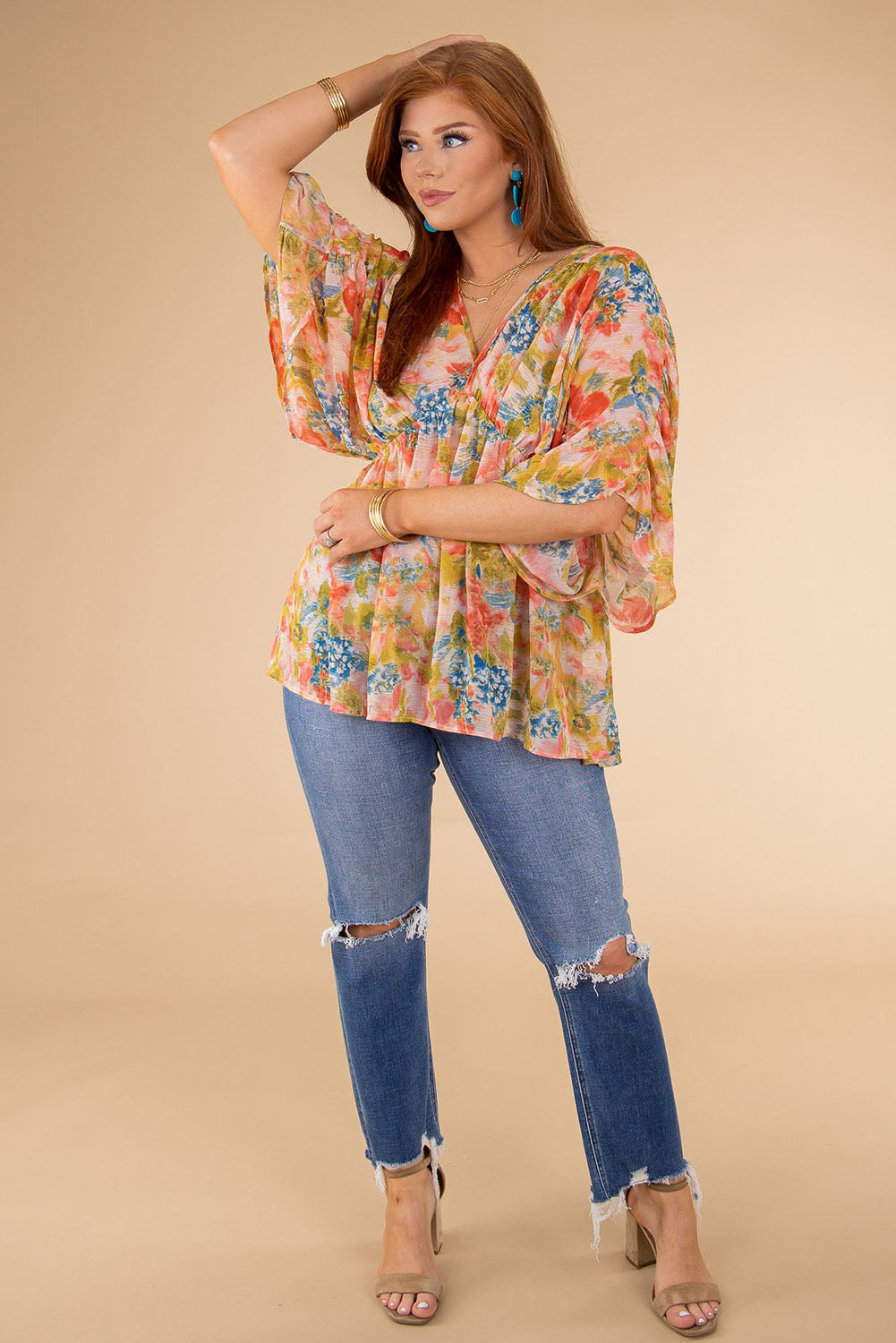 Multicolor Abstract Print Drape Sleeve V Neck Plus Size Babydoll Blouse