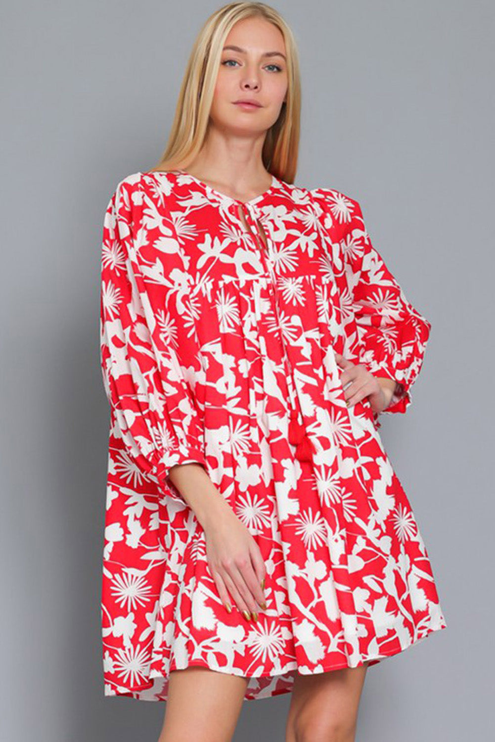 Floral Print Puff Sleeve Split Neck Babydoll Mini Dress