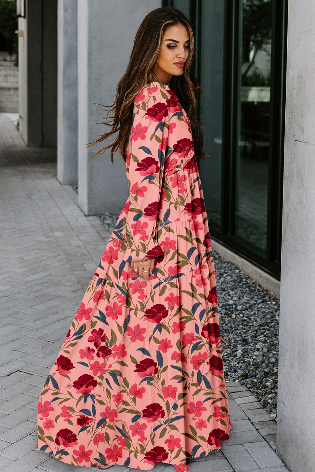 Violet V Neck Floral Print Empire Waist Maxi Dress