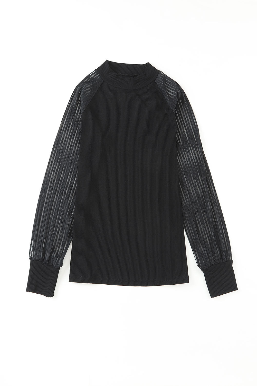 Gray Striped Mesh Long Sleeve Crewneck Ribbed Top