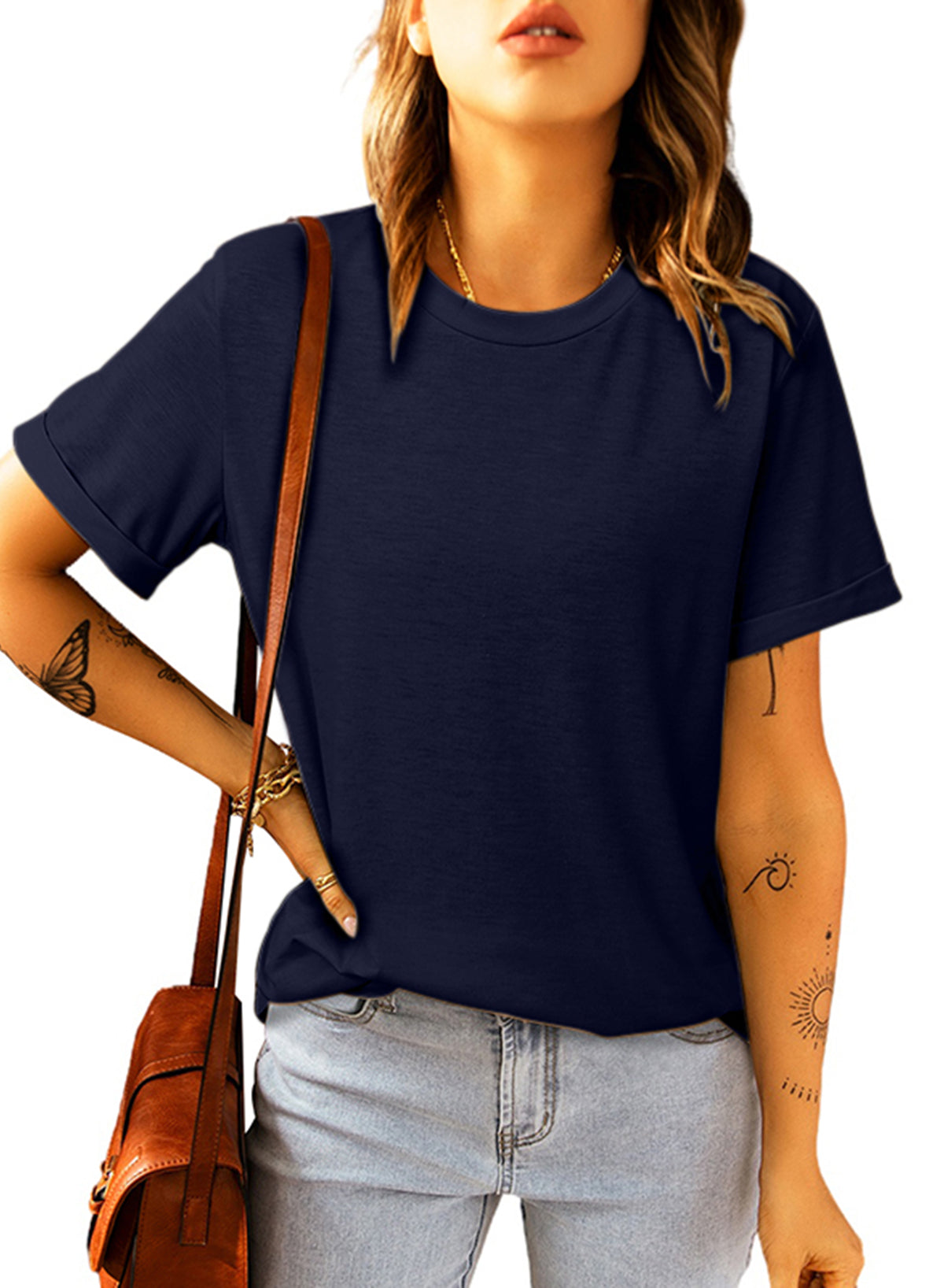 White Round Neck Rolled Sleeve Plus Size T-shirt