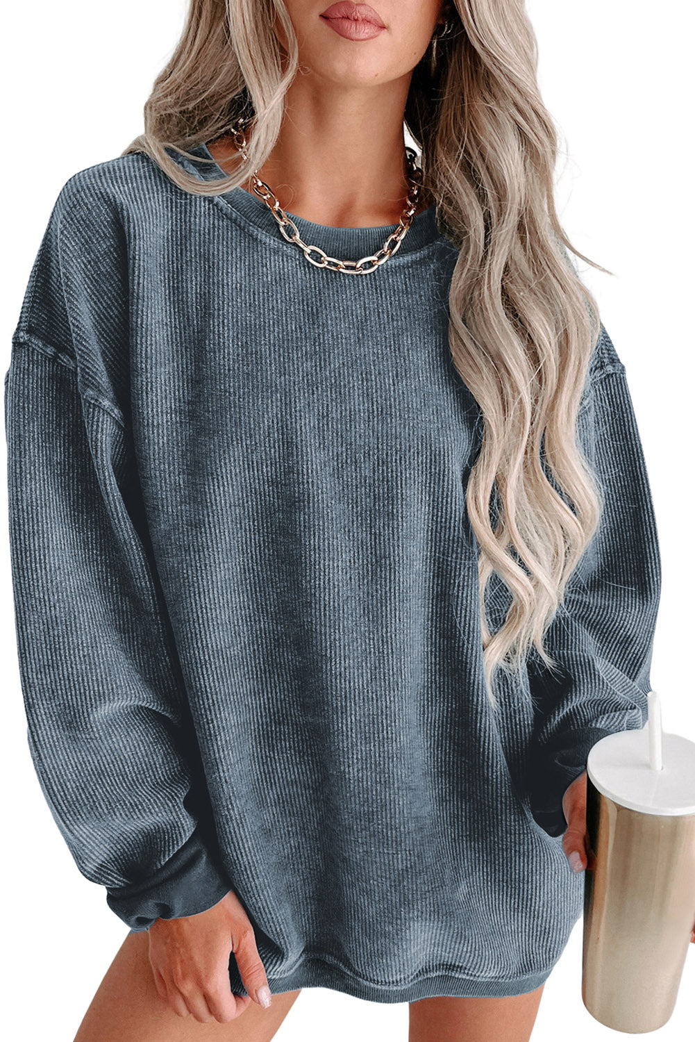 Black Plus Size Corded Round Neck Sweatshirt