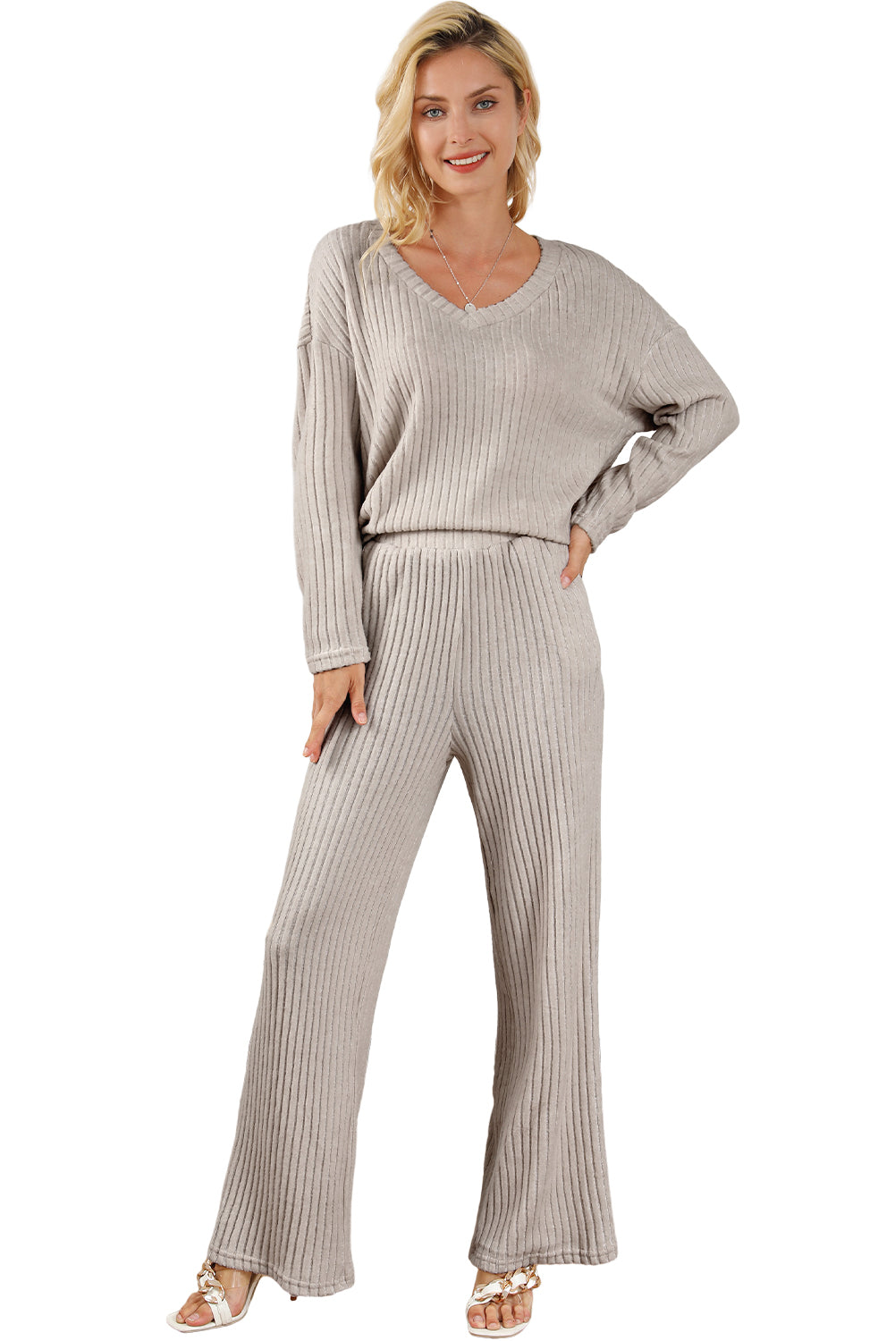 Parchment Plus Size Ribbed V Neck Pullover and Pants Set