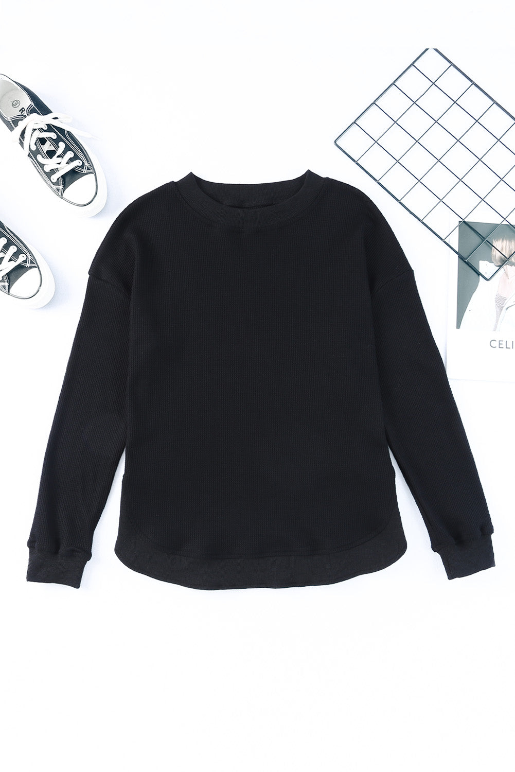 Waffle Knit Crew Neck Casual Long Sleeve Top