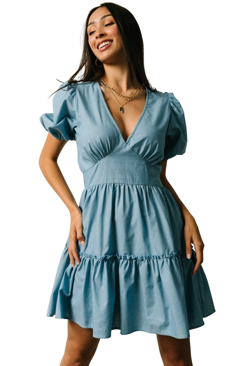 V Neck Bubble Sleeve Ruffle Flared Mini Dress