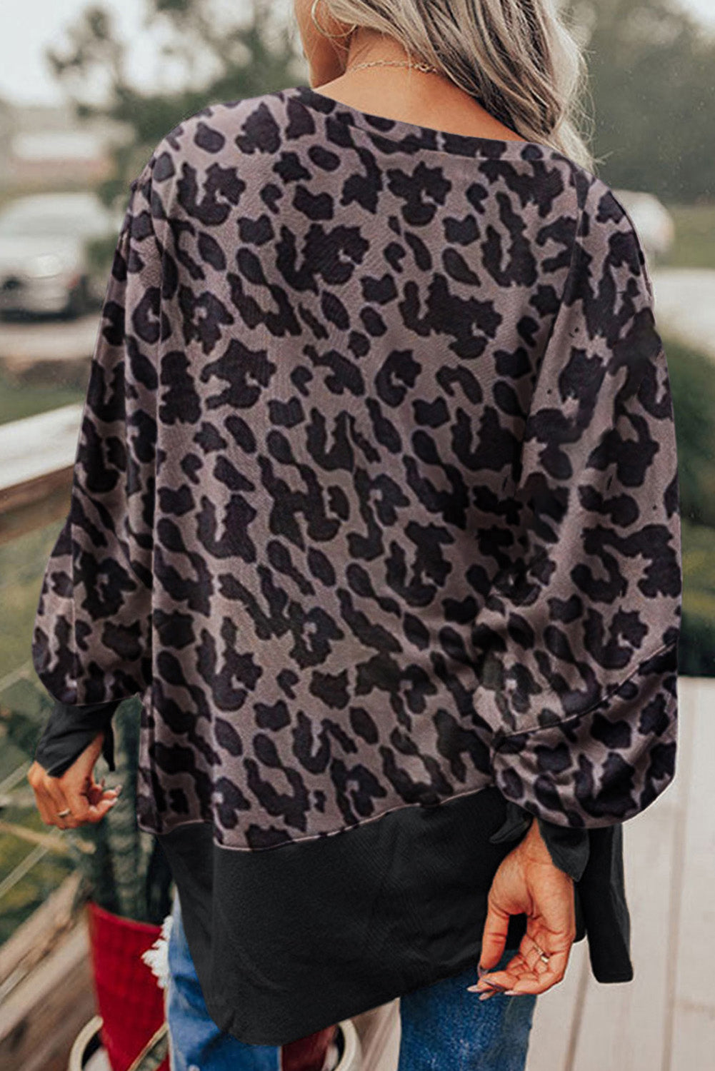 Leopard Print Drop Shoulder Slit Oversized Sweatshirt
