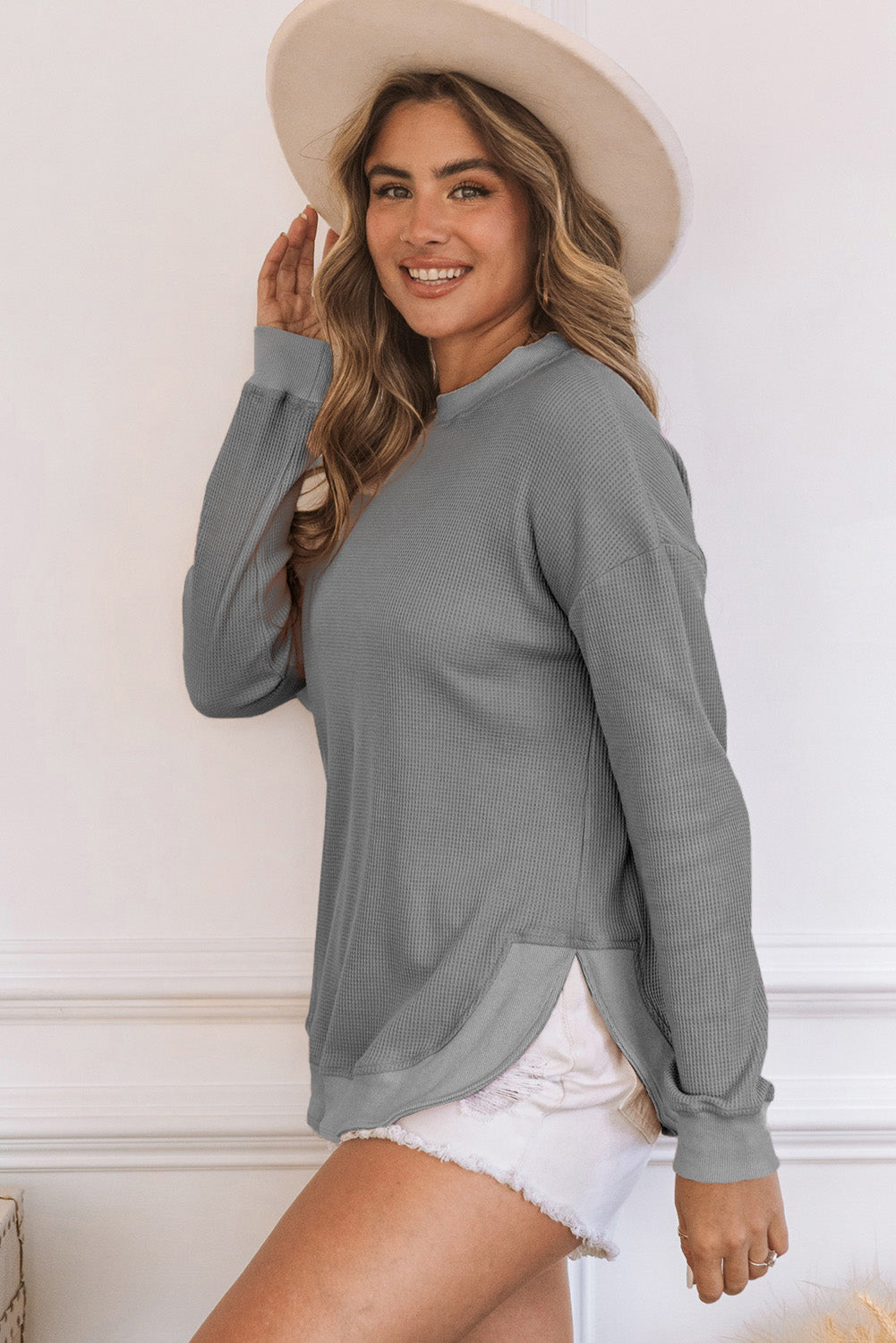 Waffle Knit Crew Neck Casual Long Sleeve Top