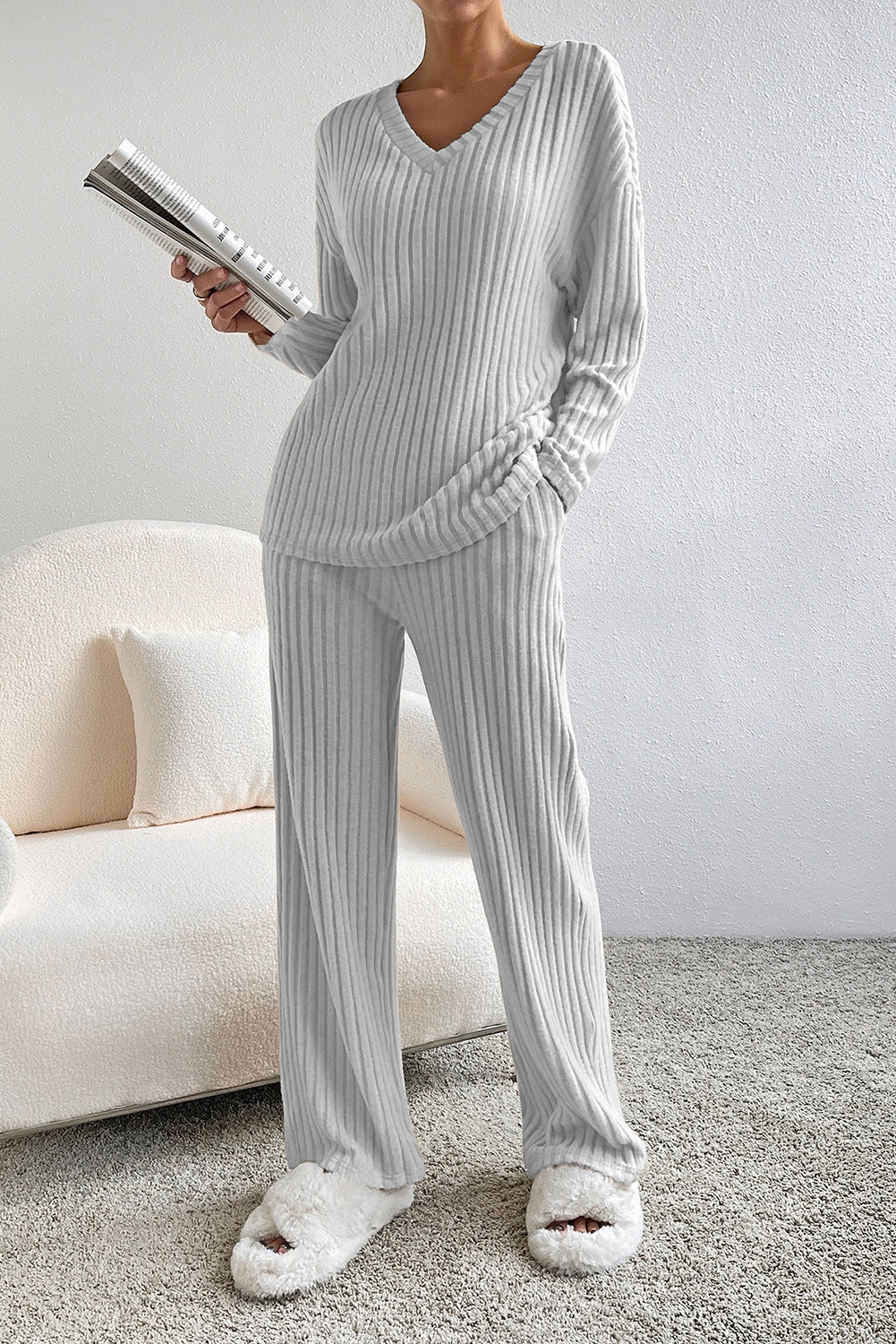 Parchment Plus Size Ribbed V Neck Pullover and Pants Set