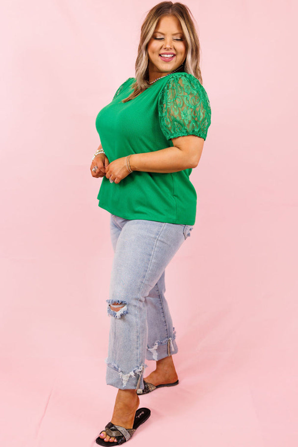 Ribbed Lace Patchwork Puff Sleeve Plus Size Blouse
