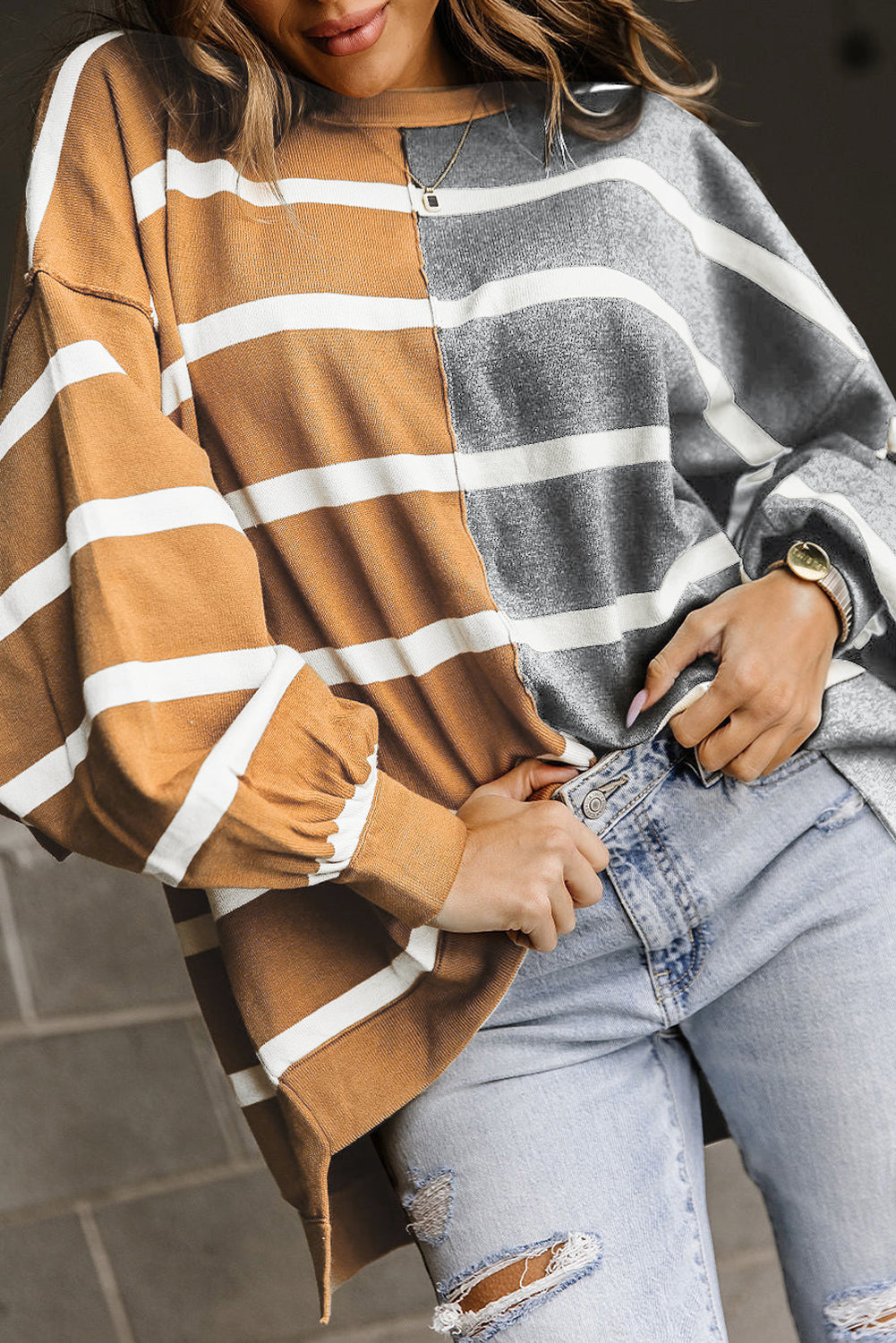 Plus Size Colorblock Striped Patchwork Loose Top