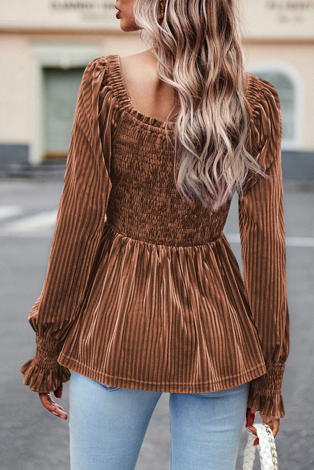 Chestnut Half Zip V Neck Ribbed Velvet Top