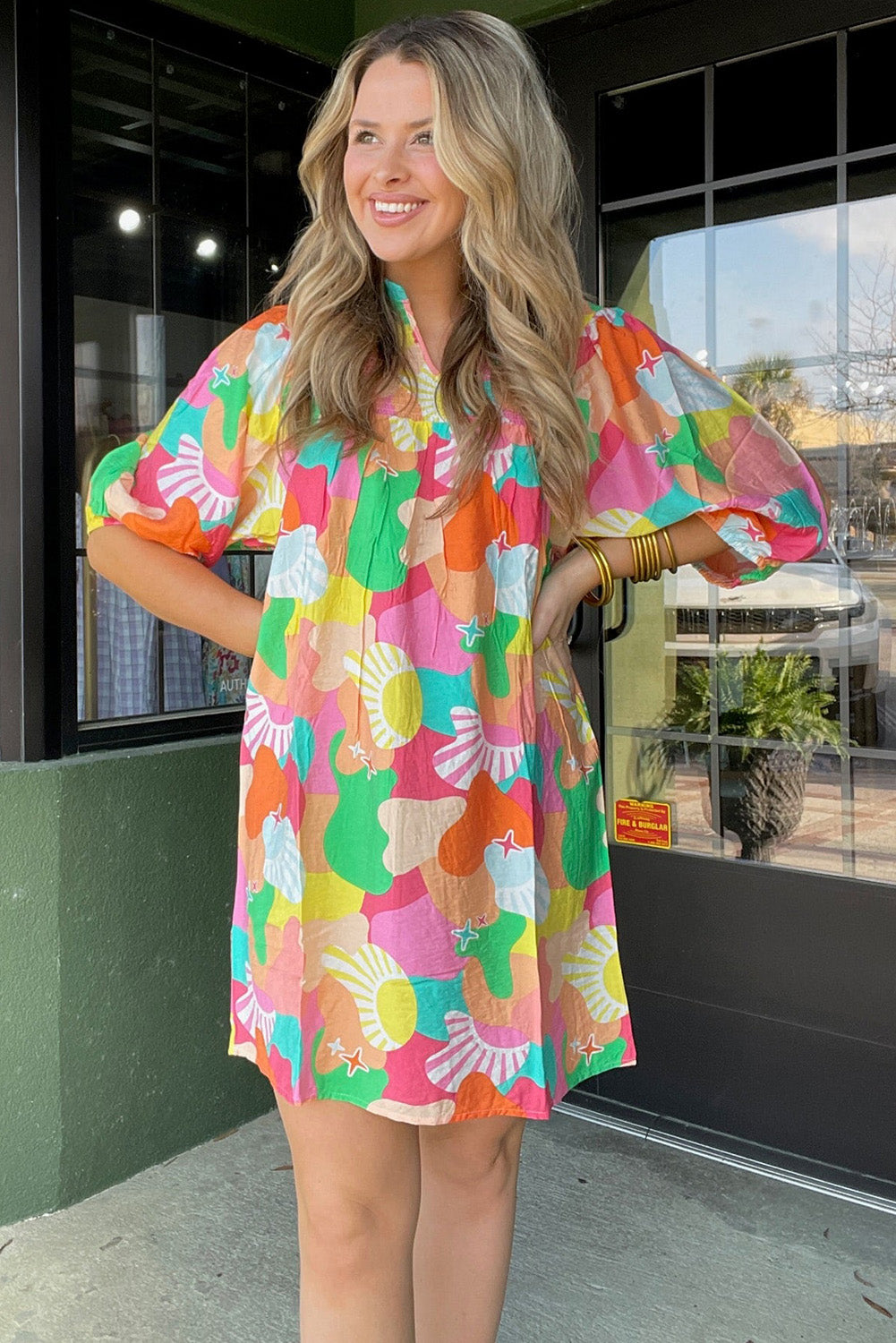 Multicolor Abstract Print Notch V Neck Puff Sleeve Dress