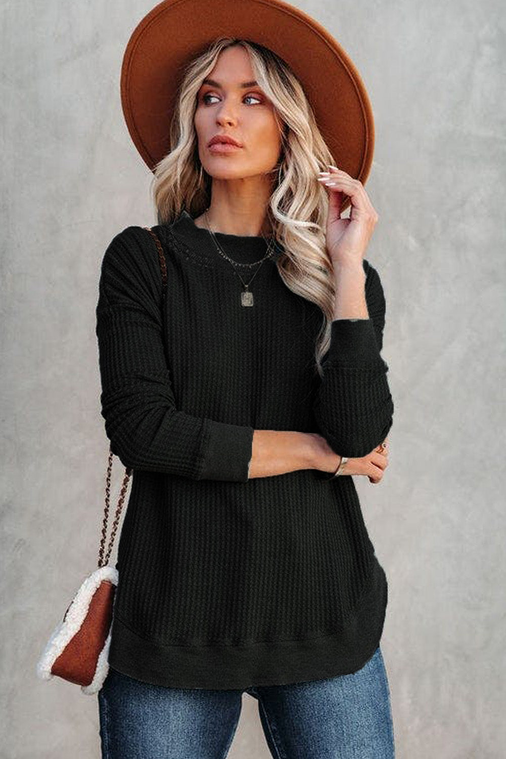 Waffle Knit Crew Neck Casual Long Sleeve Top