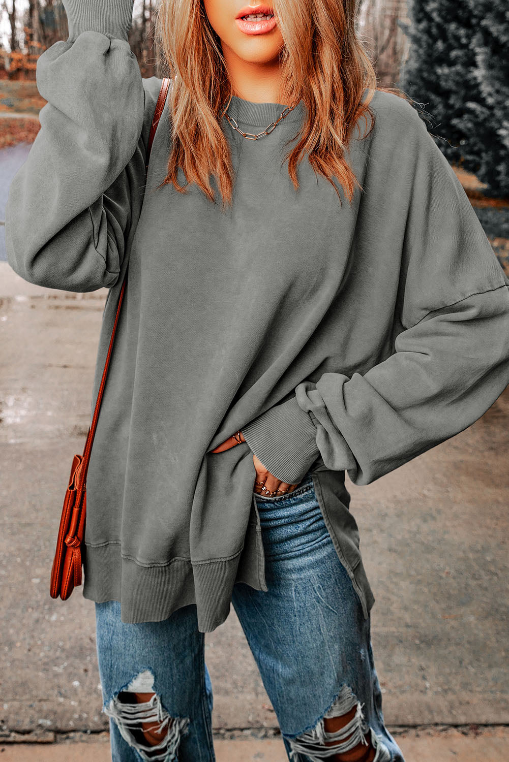Leopard Print Drop Shoulder Slit Oversized Sweatshirt
