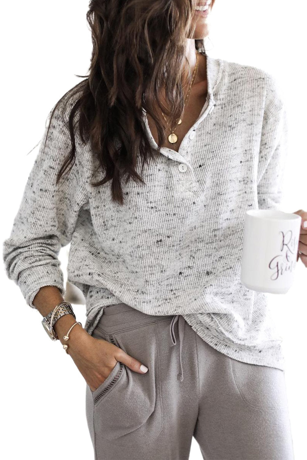 Slouchy Heather Rib Knit Long Sleeve Henley Top