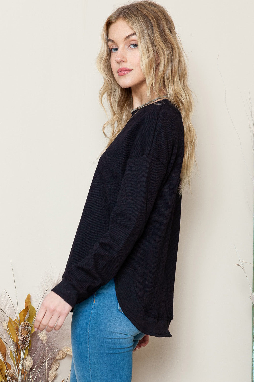 Waffle Knit Crew Neck Casual Long Sleeve Top