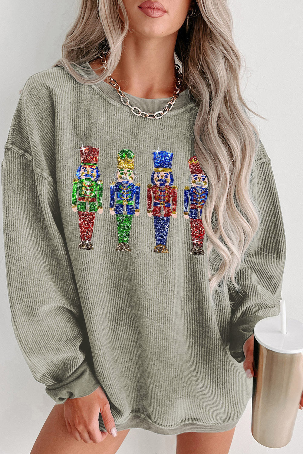 Black Plus Size Corded Round Neck Sweatshirt