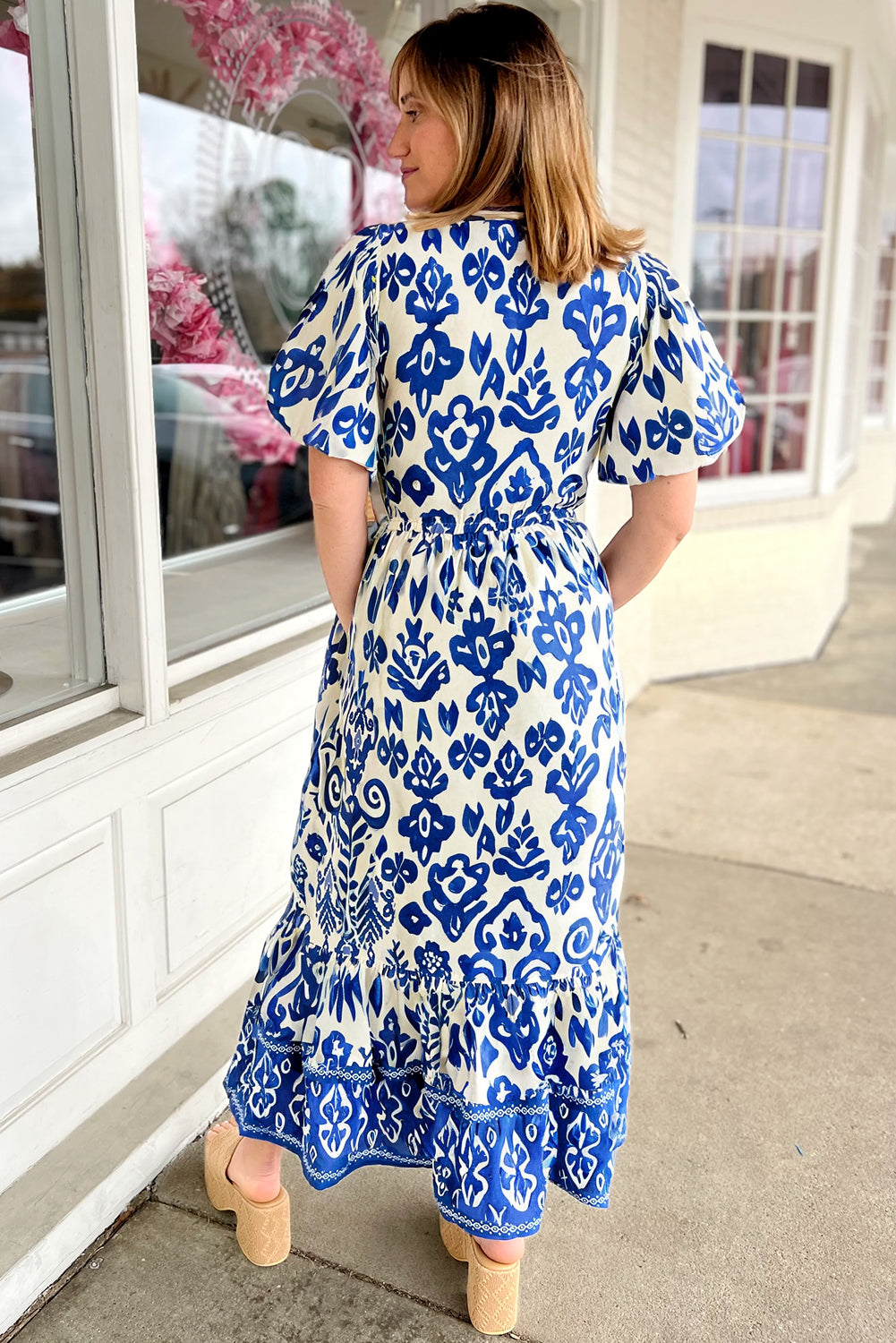 Blue Floral Puff Short Sleeve V Neck High Waist Maxi Dress