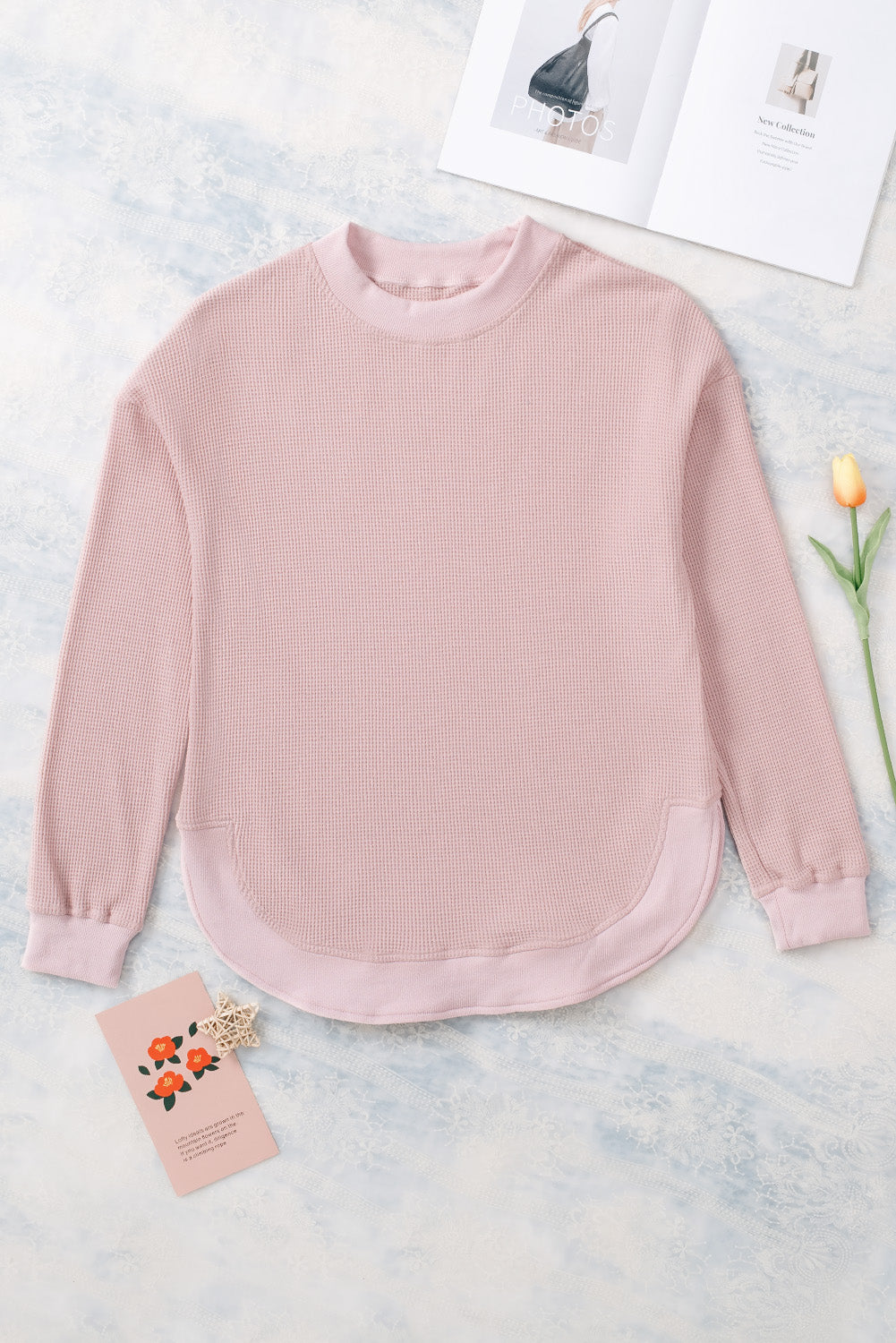 Waffle Knit Crew Neck Casual Long Sleeve Top