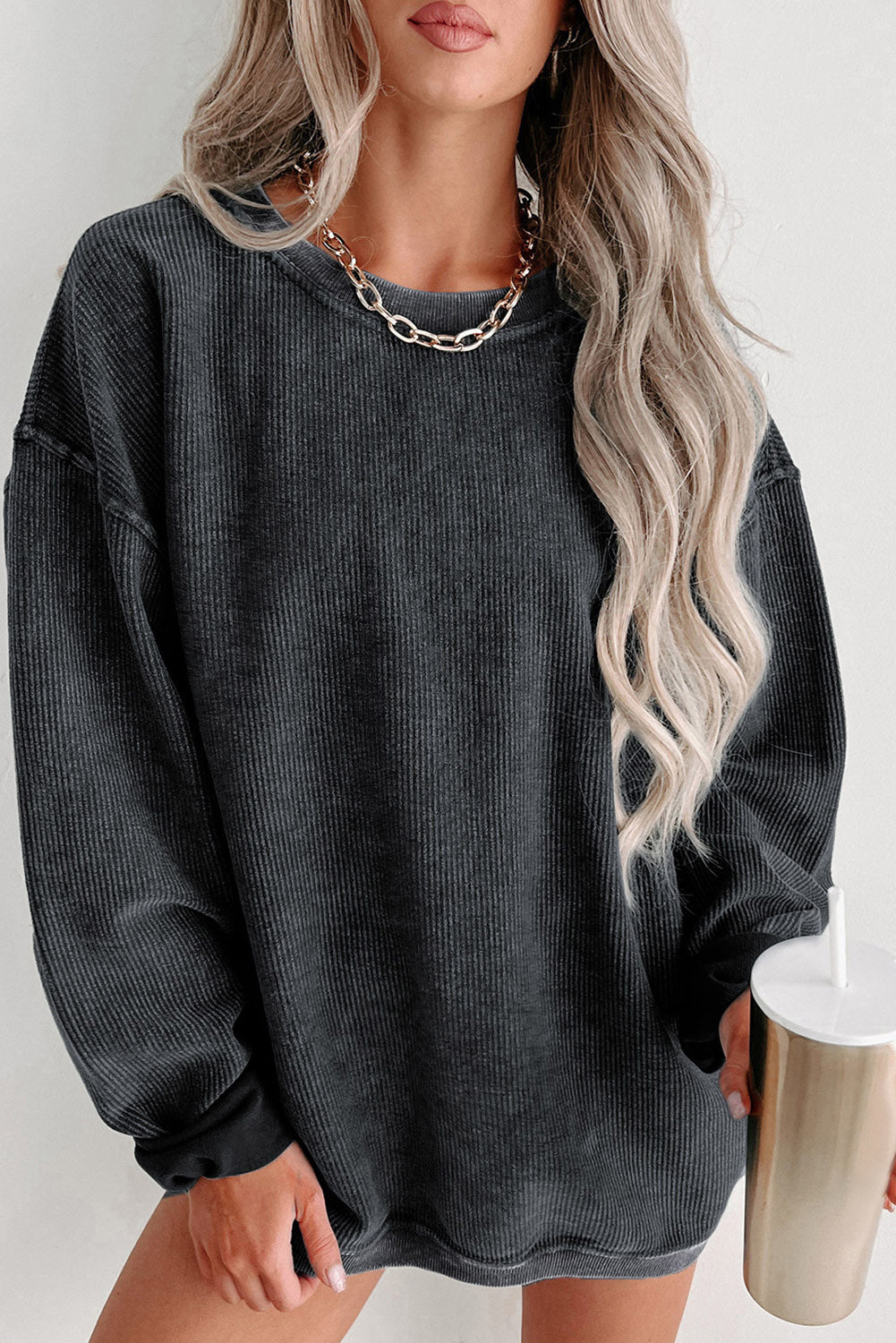 Black Plus Size Corded Round Neck Sweatshirt