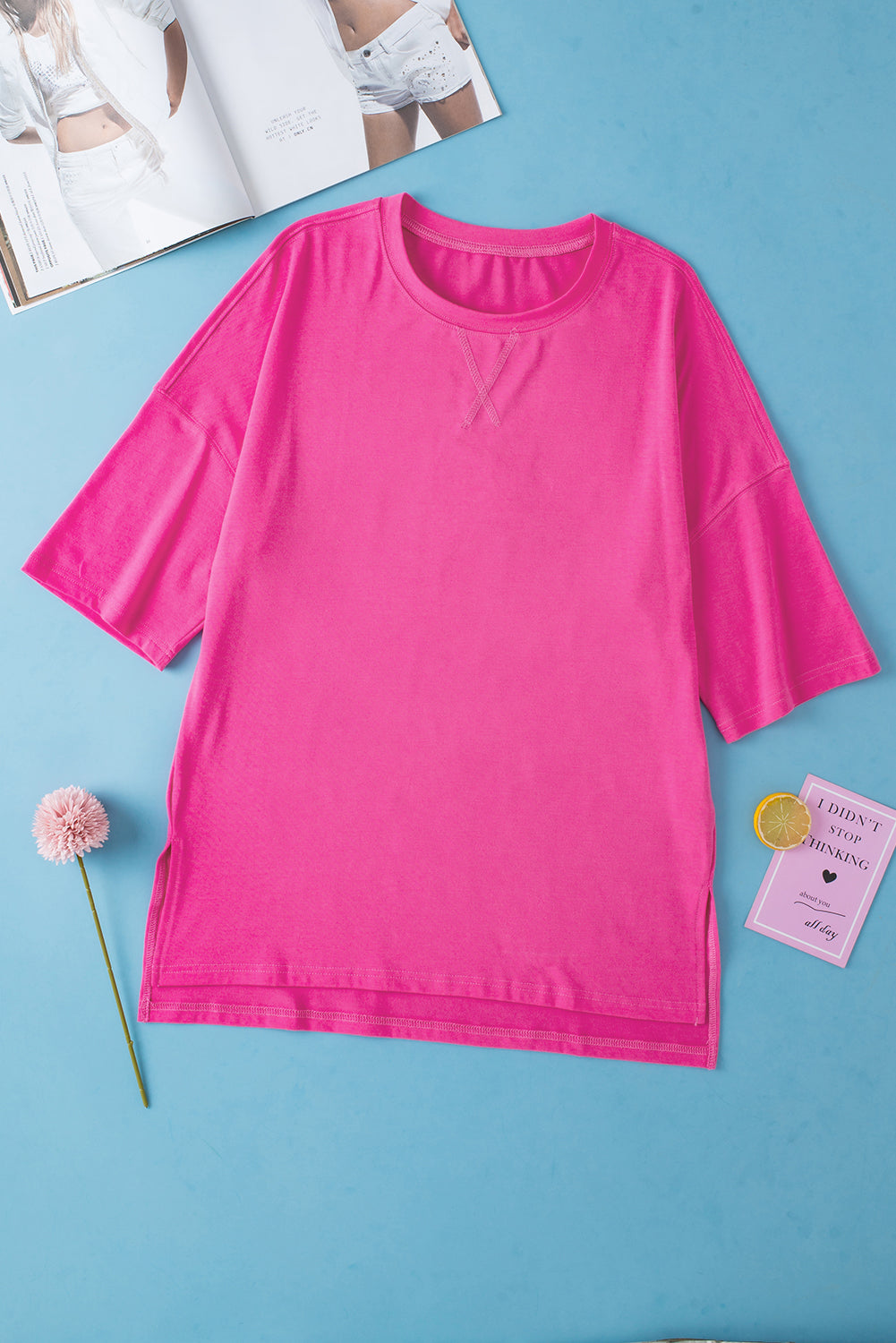 Rose Red Light Pink Longline Short Sleeve Side Slit
