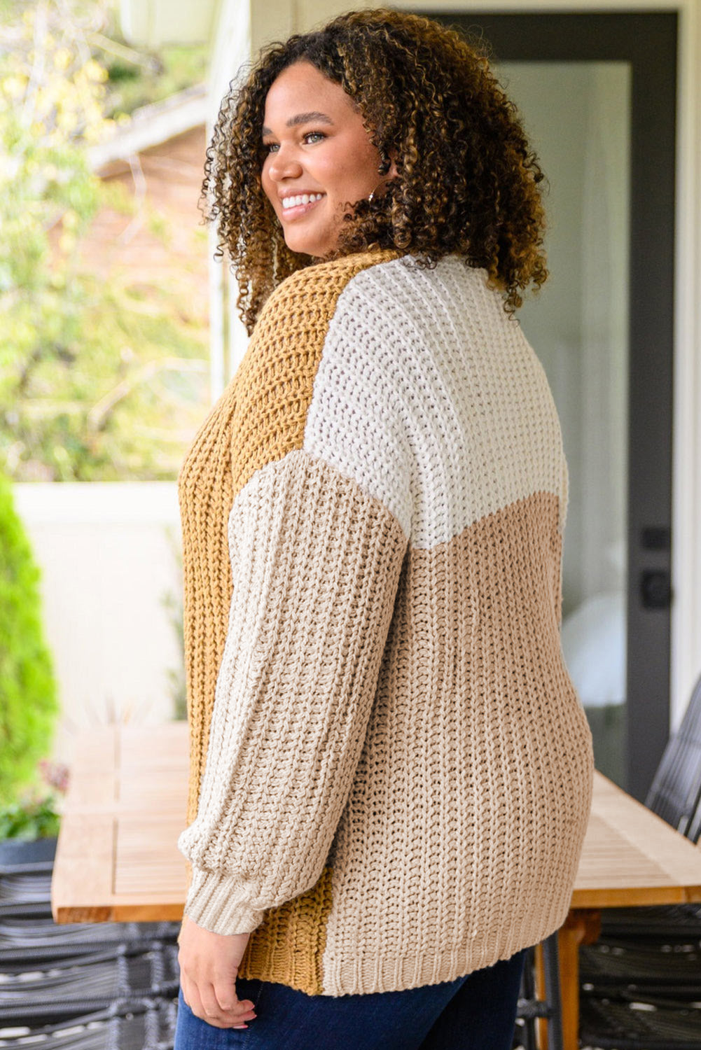 Color Block Knitted Open Front Plus Size Cardigan