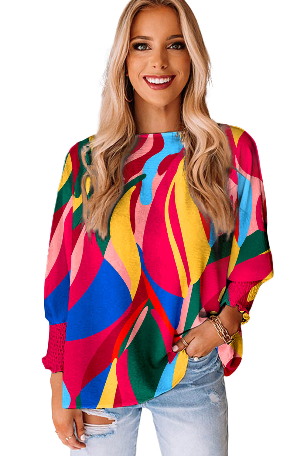 Purple Printed Boho Floral Frilled Neck Shirred Bracelet Sleeve Dress