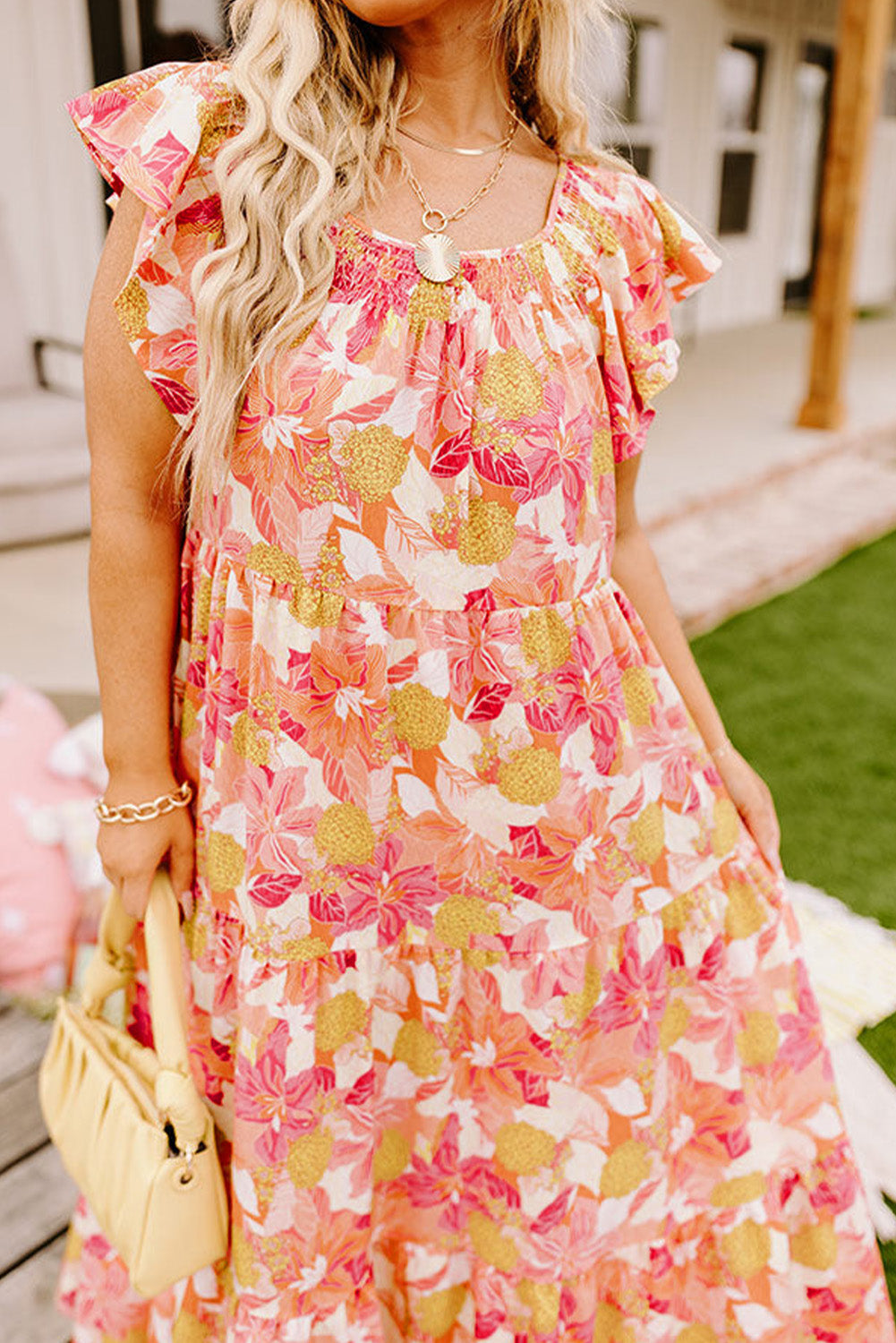 Floral Print Shirred Ruffled Sleeveless Plus Size Dress