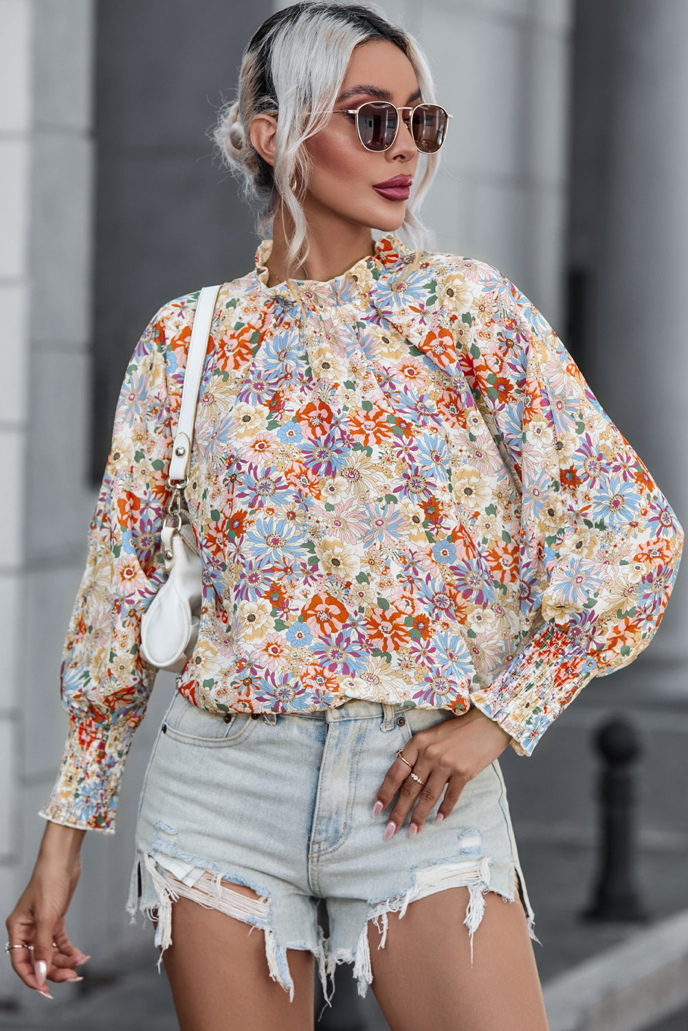 Purple Printed Boho Floral Frilled Neck Shirred Bracelet Sleeve Dress