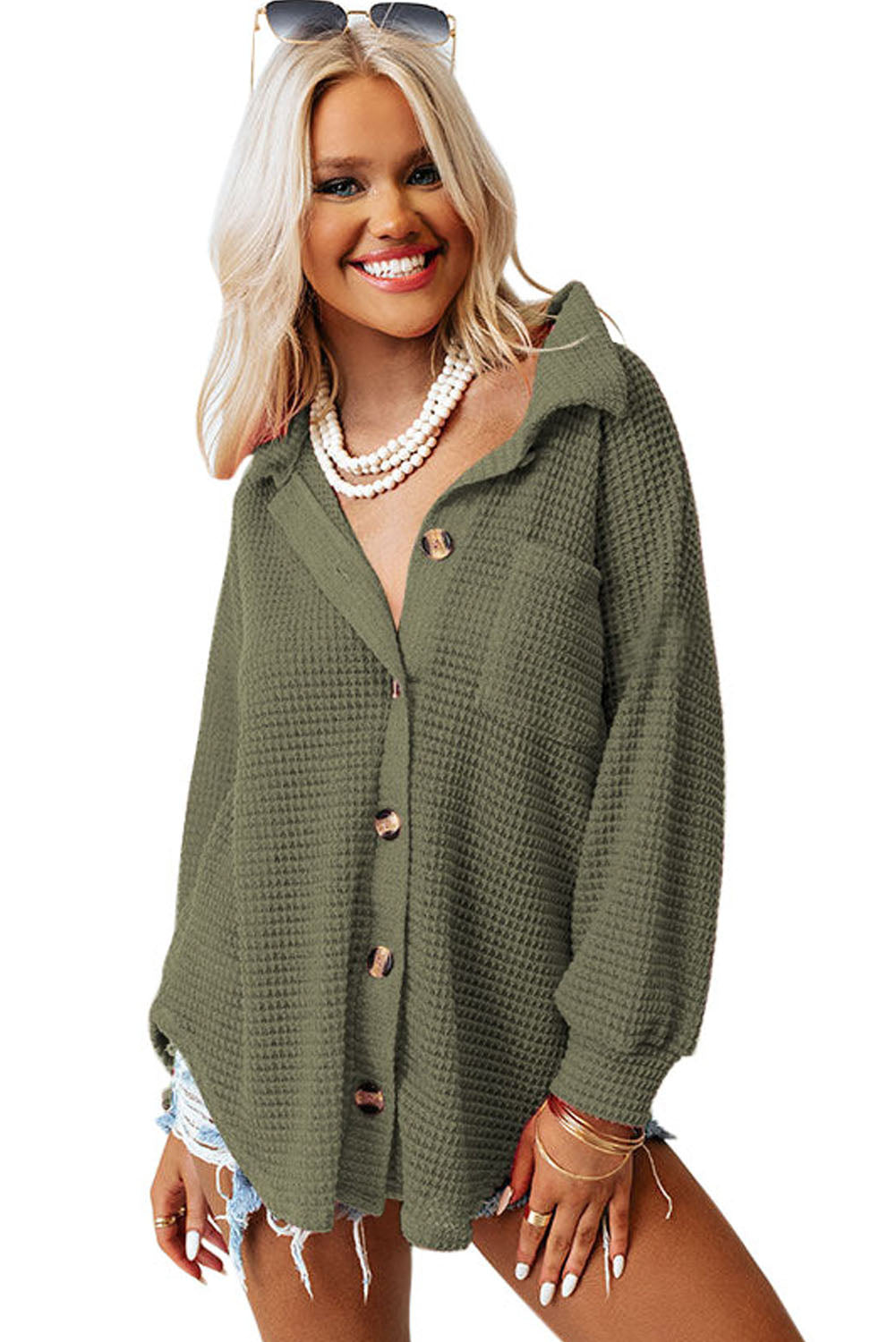 Pink Waffle Knit Button Up Casual Shirt