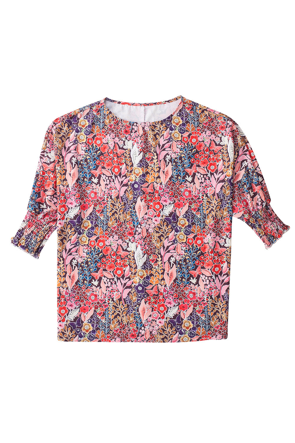 Purple Printed Boho Floral Frilled Neck Shirred Bracelet Sleeve Dress