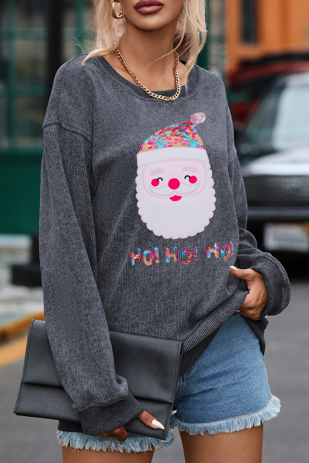 Black Plus Size Corded Round Neck Sweatshirt
