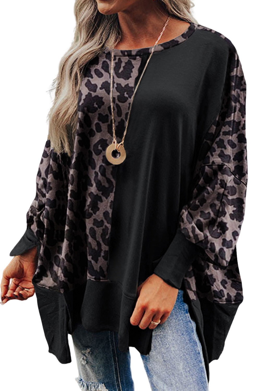 Leopard Print Drop Shoulder Slit Oversized Sweatshirt