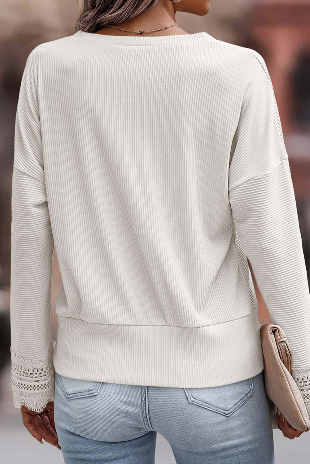 Blue Ribbed Texture Lace Trim V Neck Long Sleeve Top