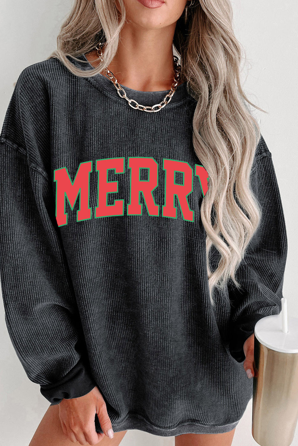 Black Plus Size Corded Round Neck Sweatshirt