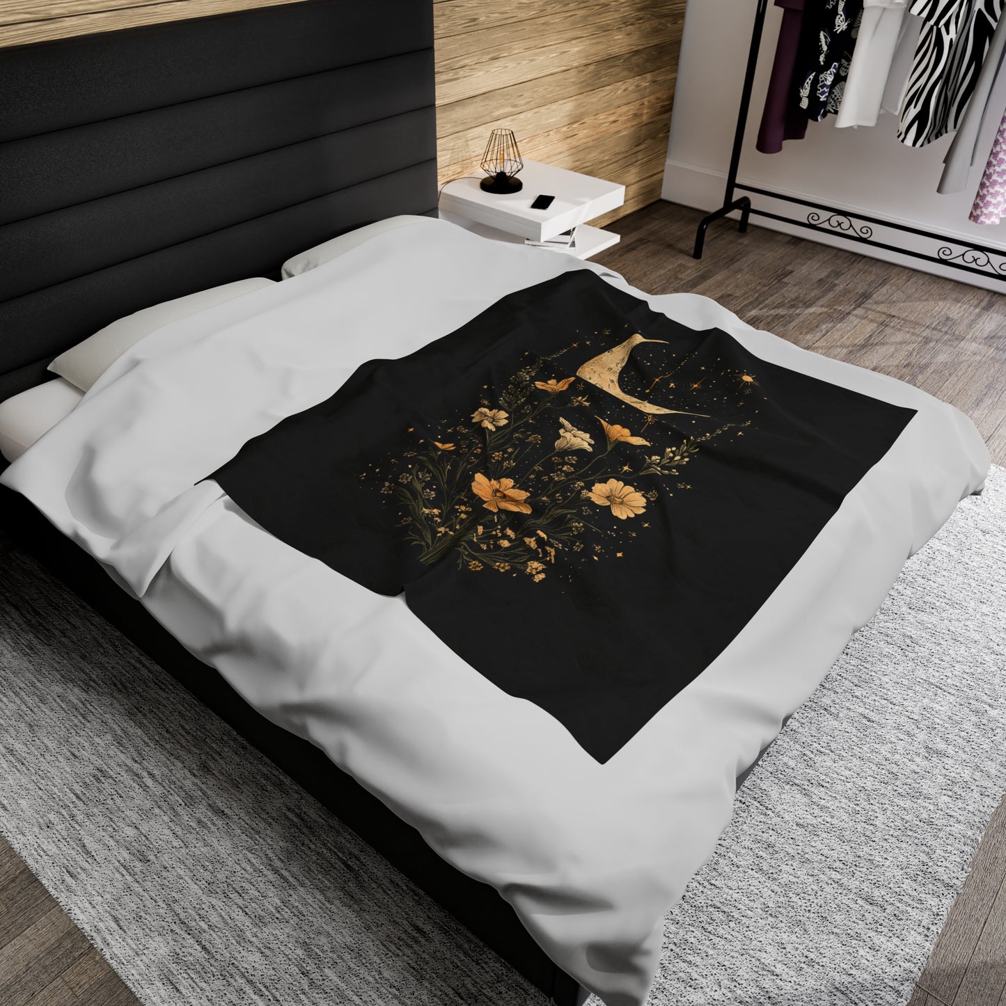 Celestial Moon and Flowers Velveteen Plush Blanket