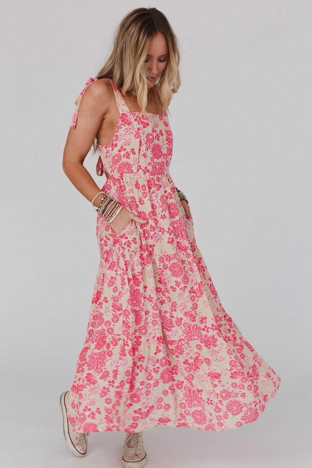 Gingham Floral Tie Shoulder Maxi Dress