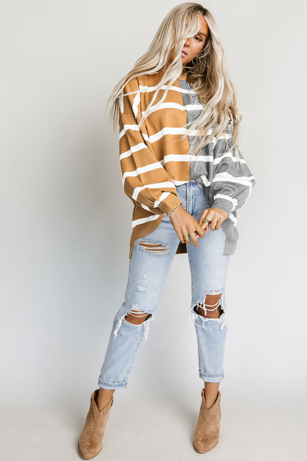 Plus Size Colorblock Striped Patchwork Loose Top