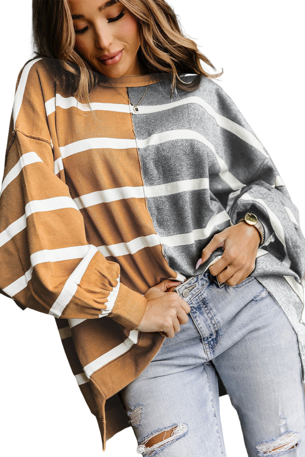 Plus Size Colorblock Striped Patchwork Loose Top