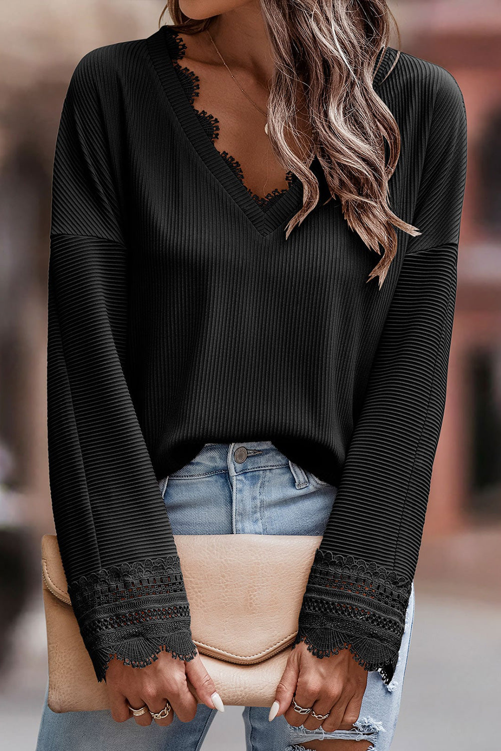 Blue Ribbed Texture Lace Trim V Neck Long Sleeve Top