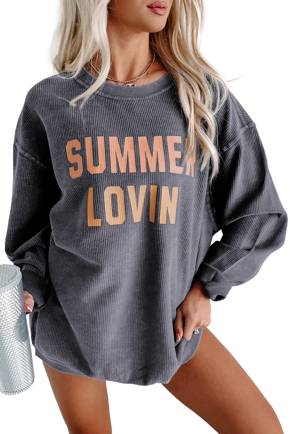 Black Plus Size Corded Round Neck Sweatshirt