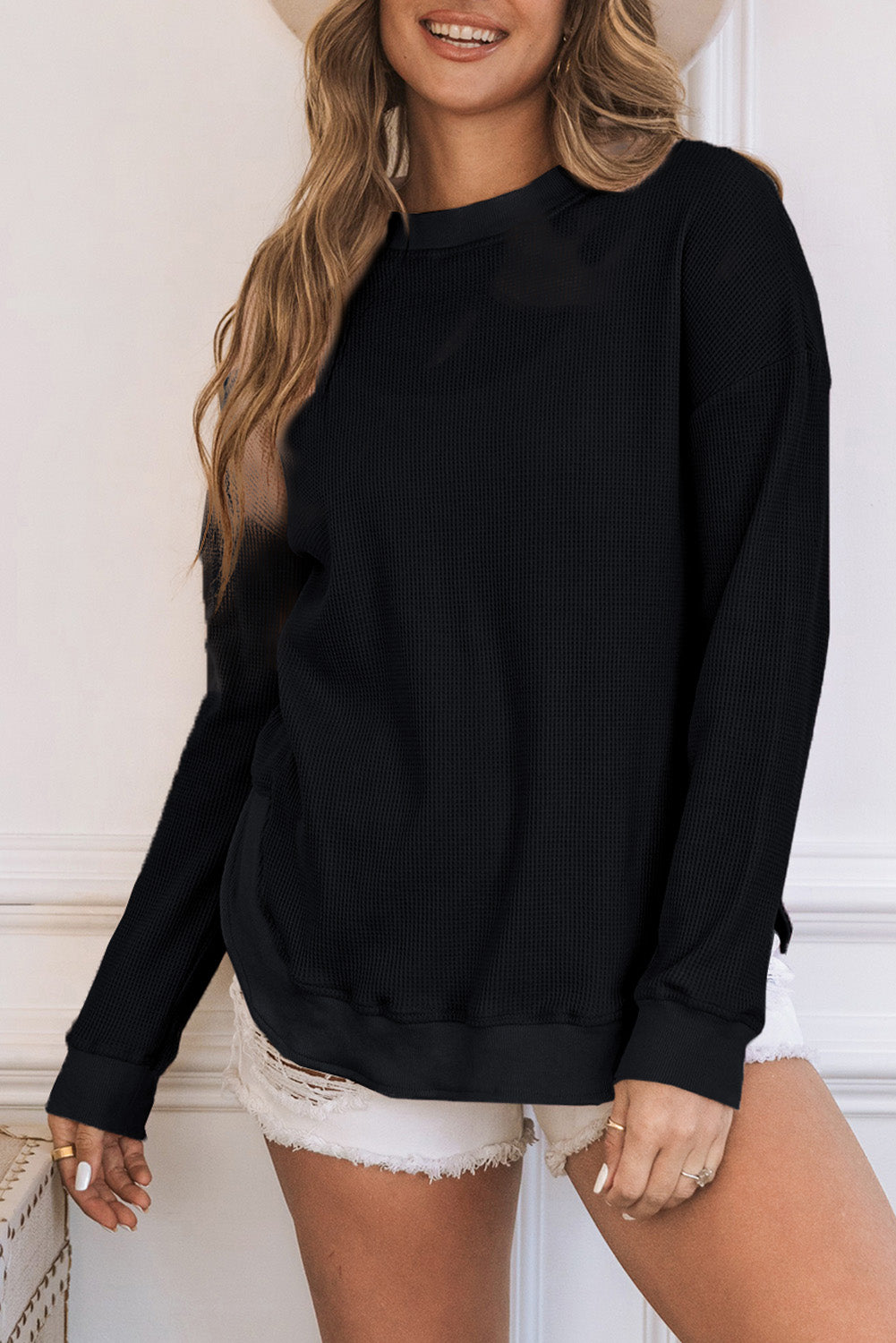 Waffle Knit Crew Neck Casual Long Sleeve Top