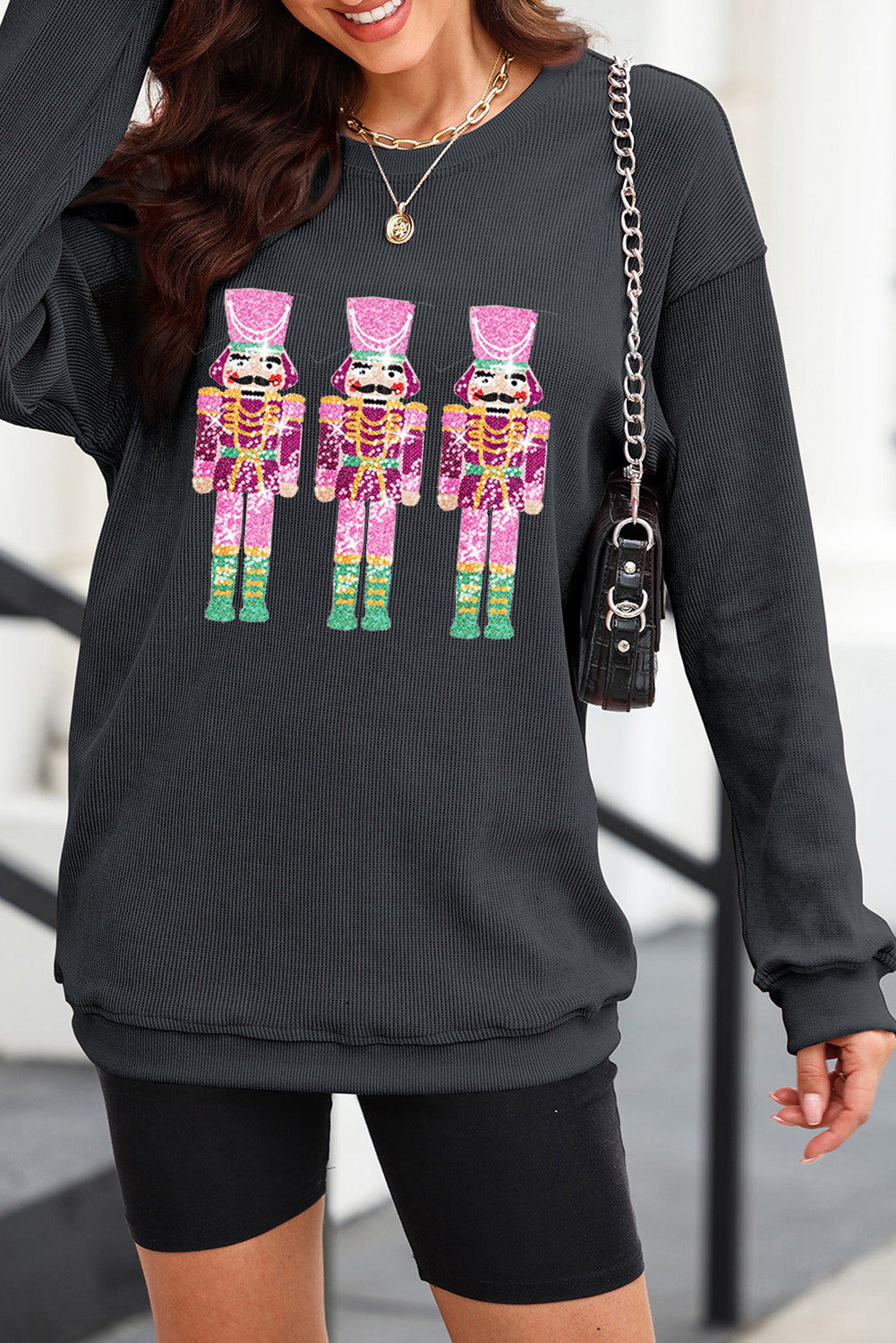 Black Plus Size Corded Round Neck Sweatshirt