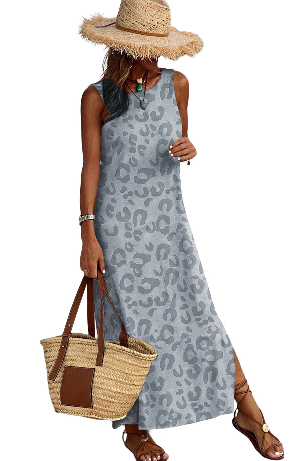 Rosy Leopard Casual Sleeveless Side Slits Maxi Dress