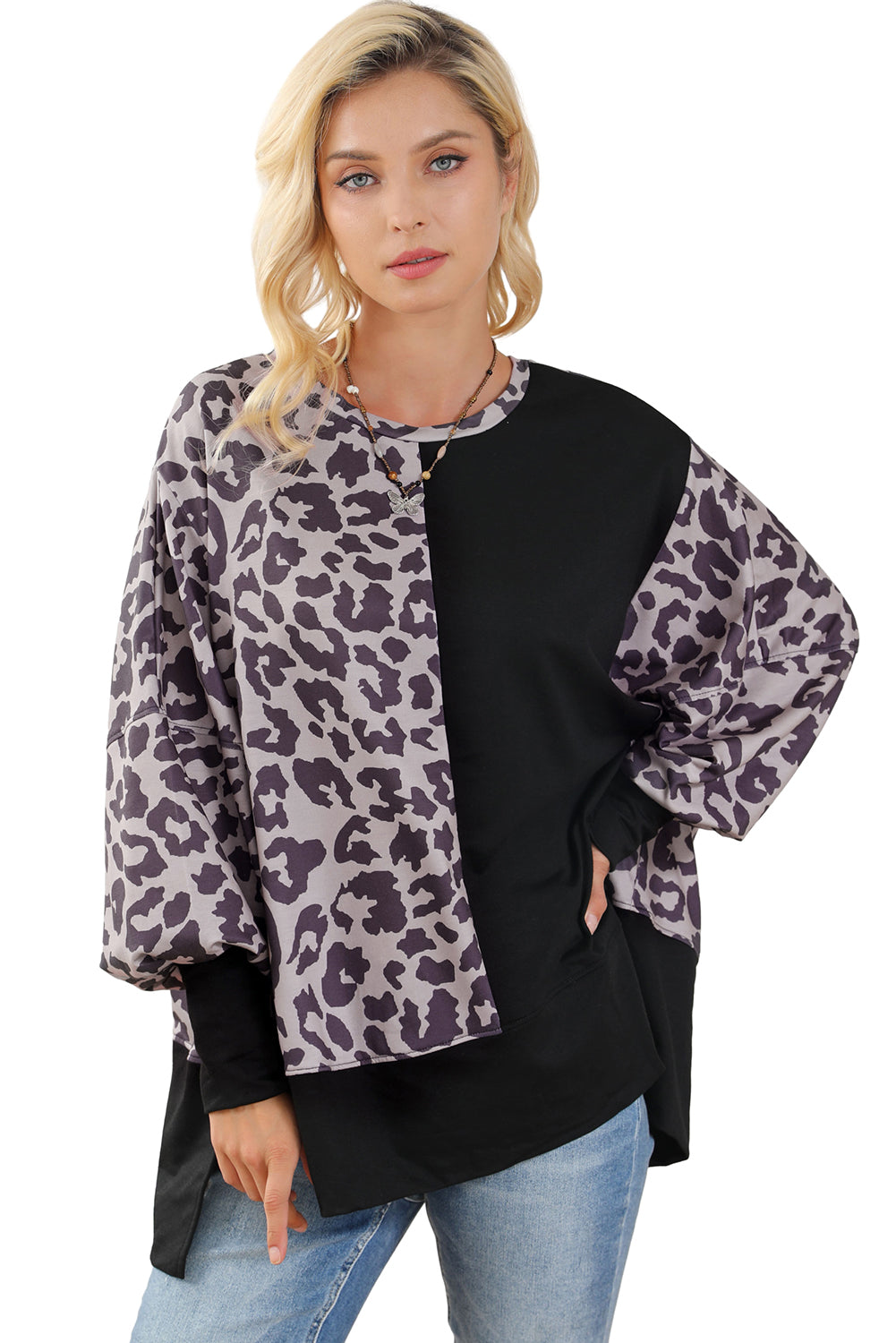 Leopard Print Drop Shoulder Slit Oversized Sweatshirt