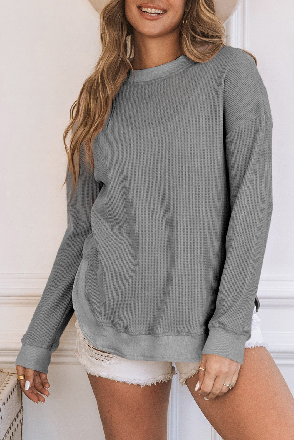 Waffle Knit Crew Neck Casual Long Sleeve Top